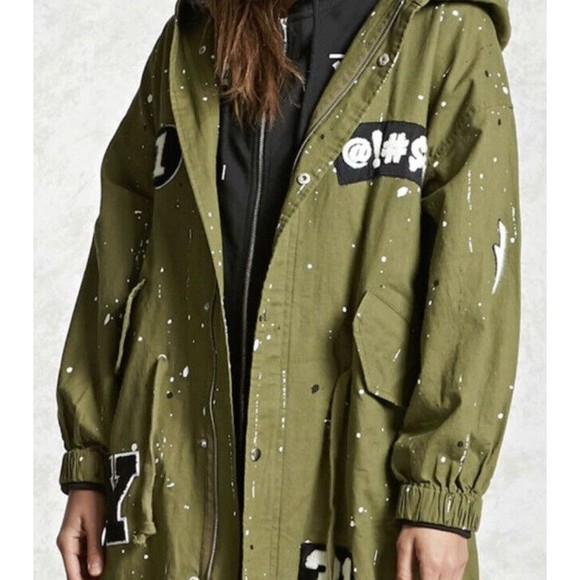 Forever 21 Army Green Nice Design Cotton Linen Hoodie Jacket Size M - Picture 1 of 5